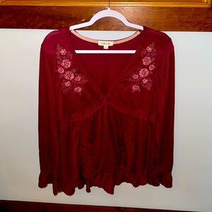V neck top with floral embroidery